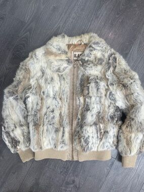 ILAN Rabbit Fur Bomber Jacket in Multitone Taupe